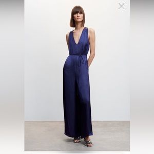 XS Midnight Blue Satin Cross-Back Jumpsuit NWT